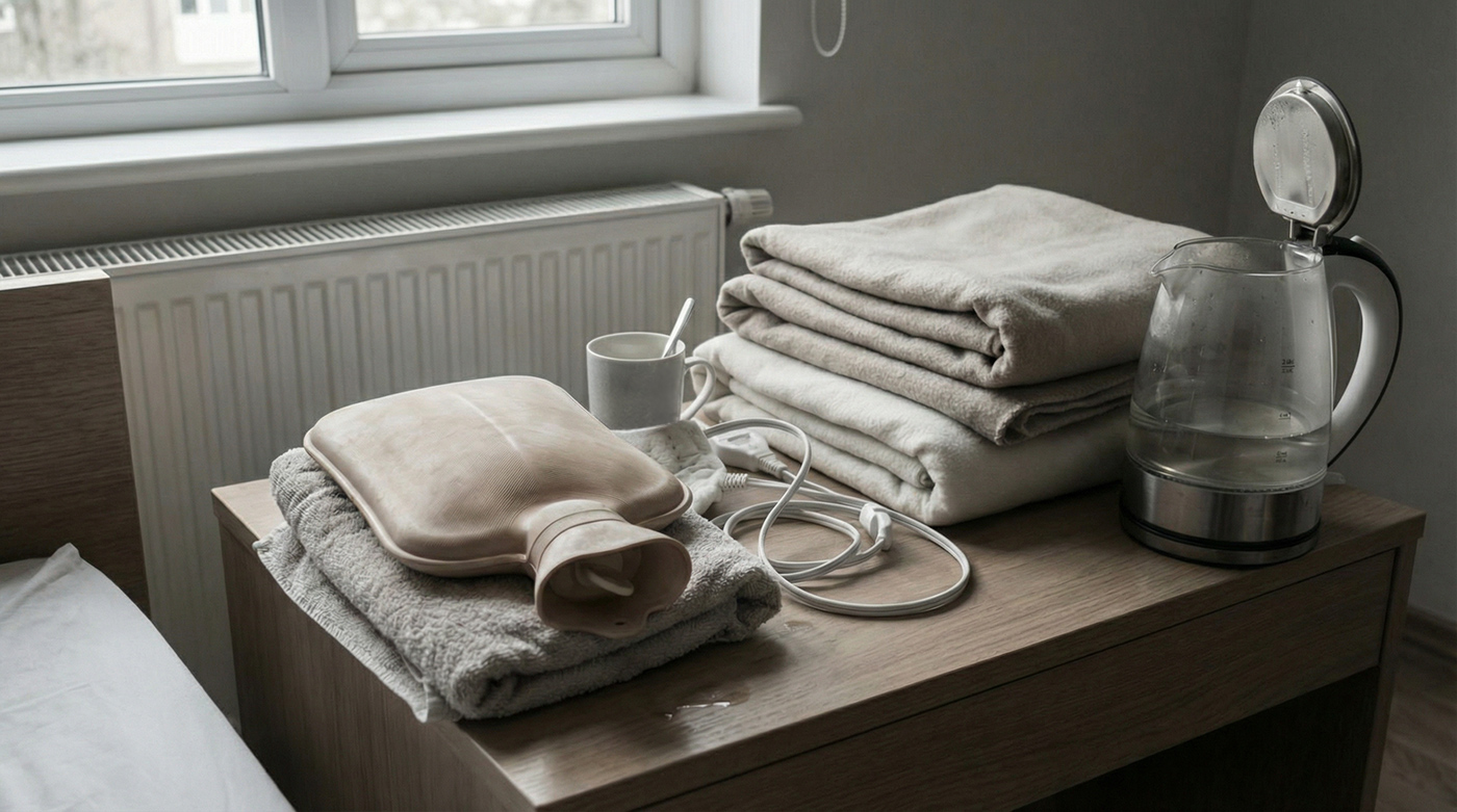 Common heat tools and cords on a bedside table